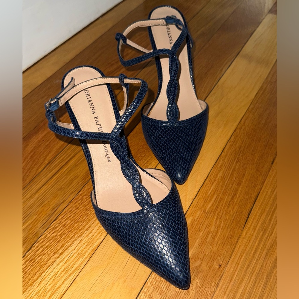 0315 - Adrianna Papell Boutique blue snake print ankle-strap pointed-toe heels